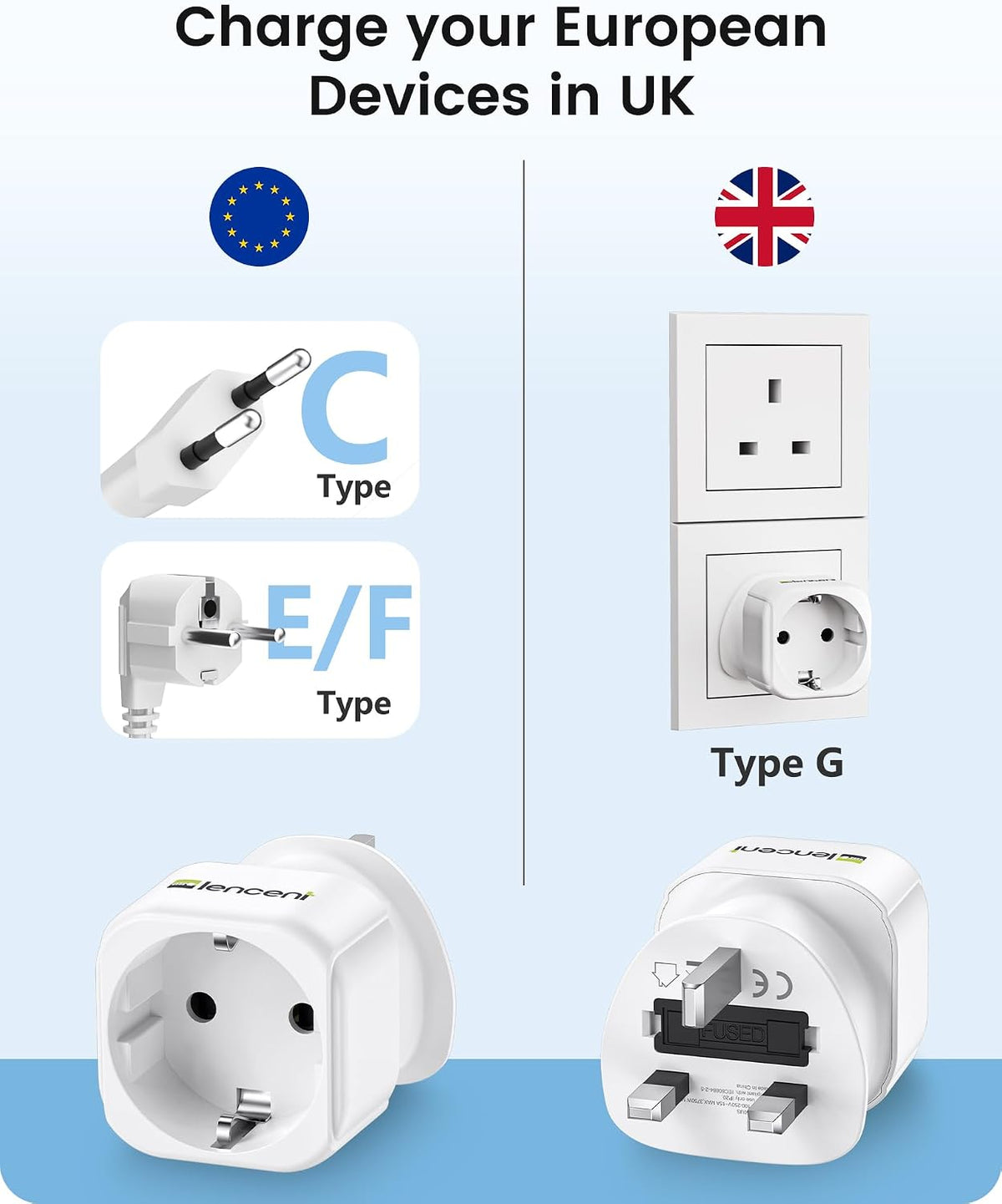 LENCENT 2 Pack EU to UK Plug Adapter