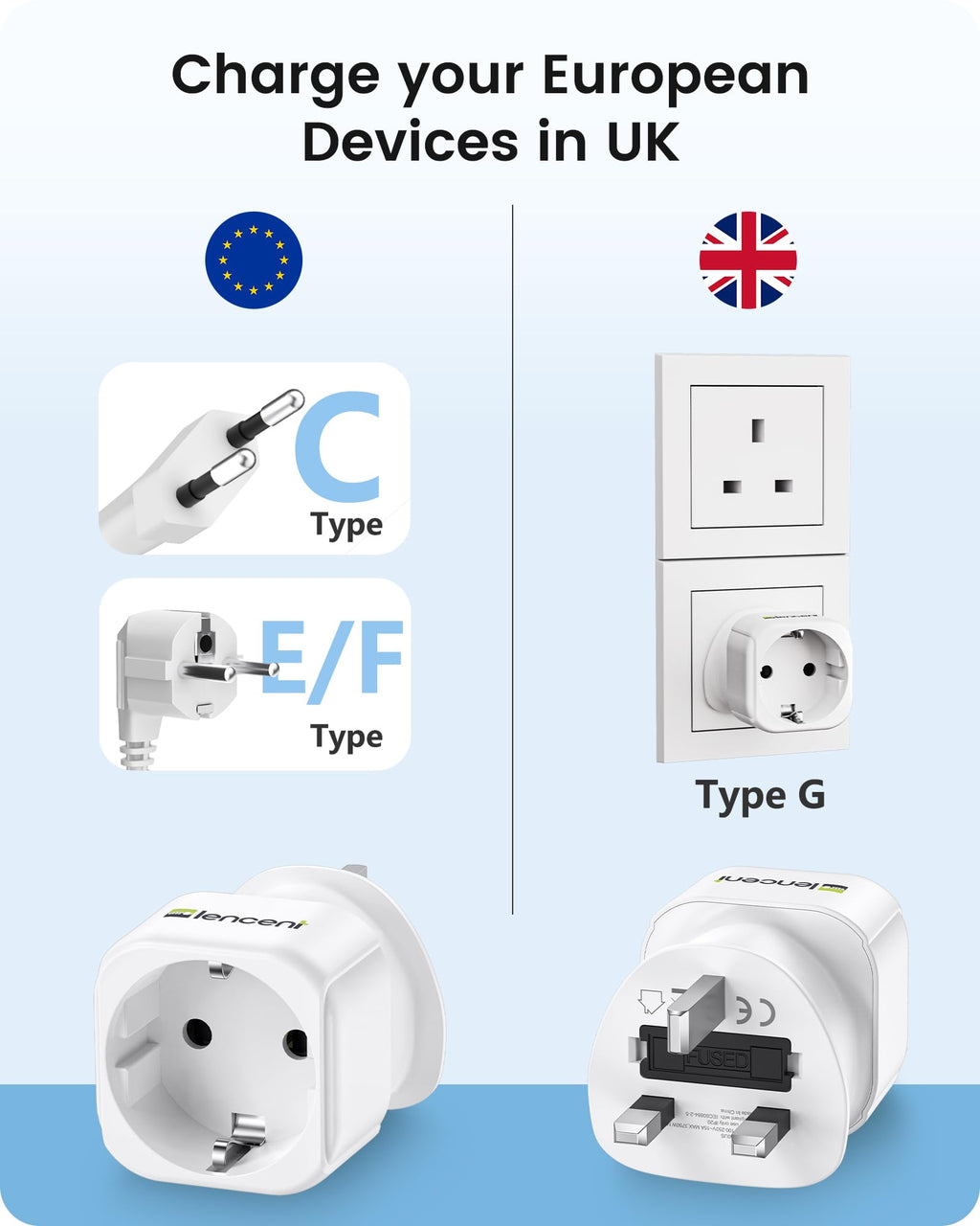 LENCENT 2 Pack EU to UK Plug Adapter