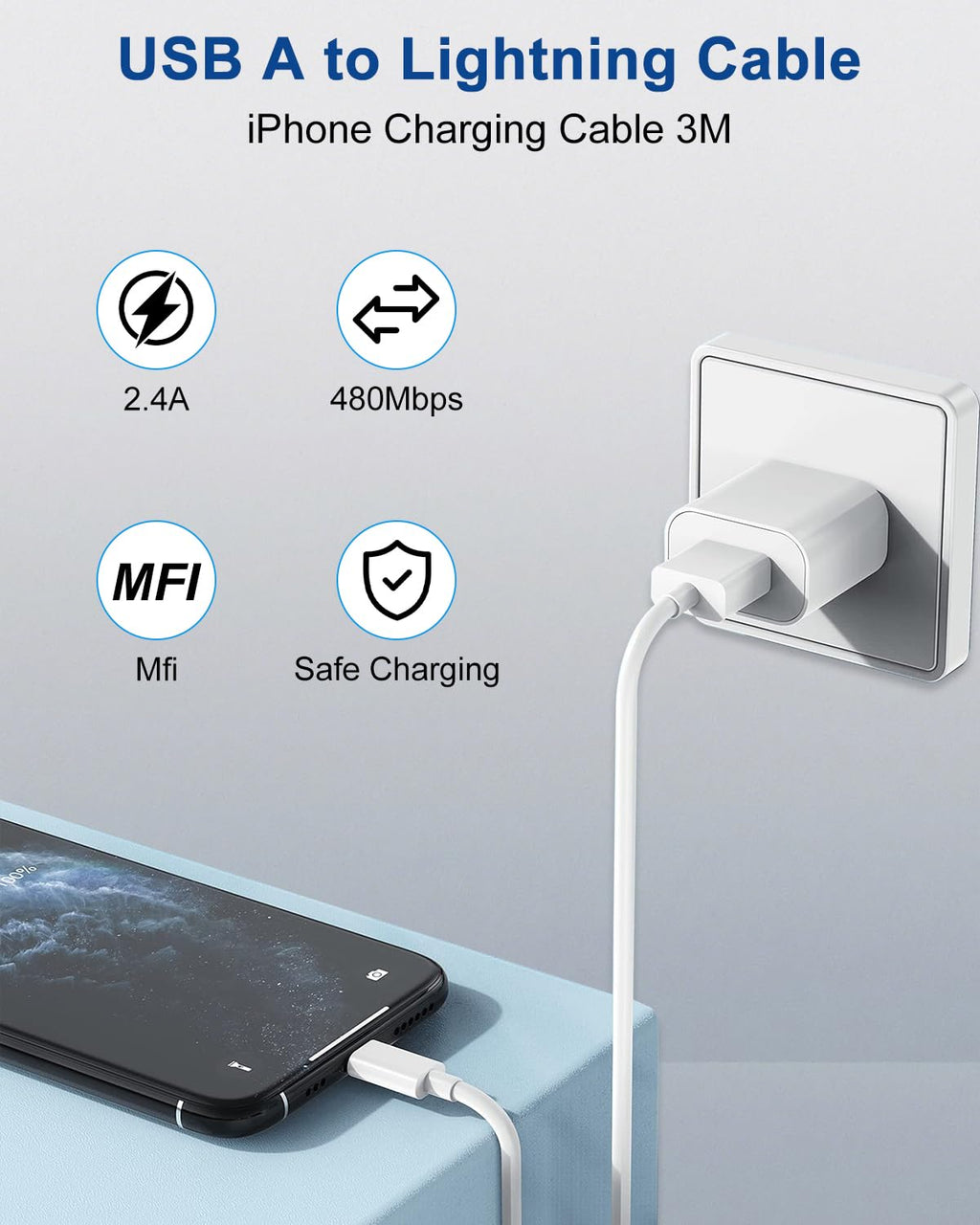 Long iPhone Charger Cable 3M, [Apple MFi Certified] USB to Lightning Cable