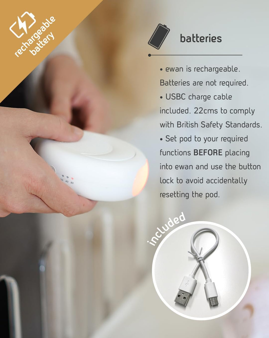 Sweet Dreamers, Rechargeable Ewan Deluxe, Beige | Baby & Infant Sleep Aid Gift | Cry Sensor & Nightlight | 10 Soothing White & Pink Noise Sounds | Continuous or Timer Playback | Machine Washable