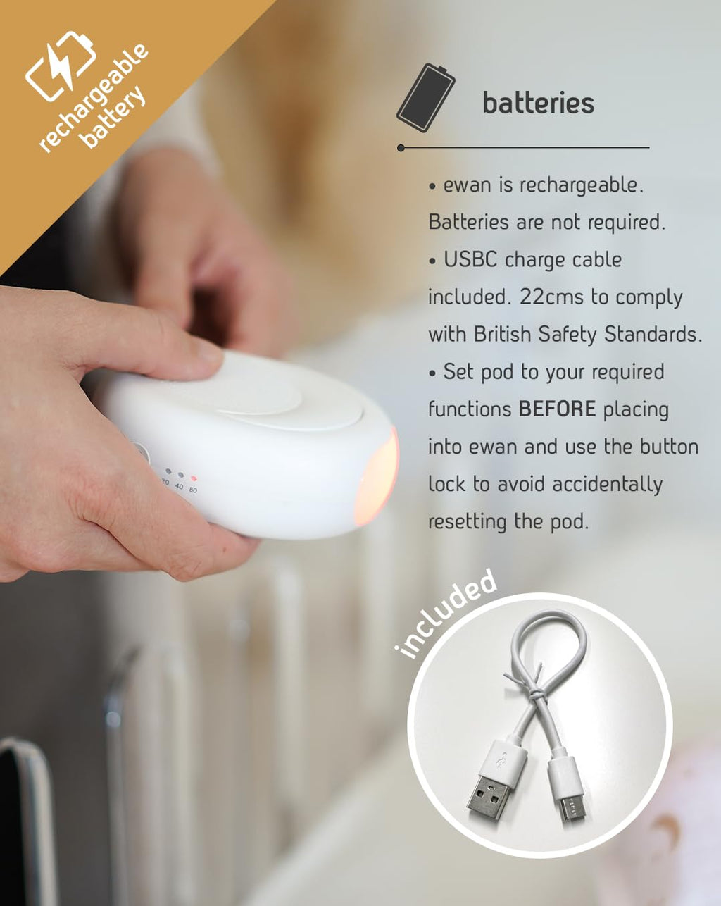 Sweet Dreamers, Rechargeable Ewan Deluxe, Beige | Baby & Infant Sleep Aid Gift | Cry Sensor & Nightlight | 10 Soothing White & Pink Noise Sounds | Continuous or Timer Playback | Machine Washable