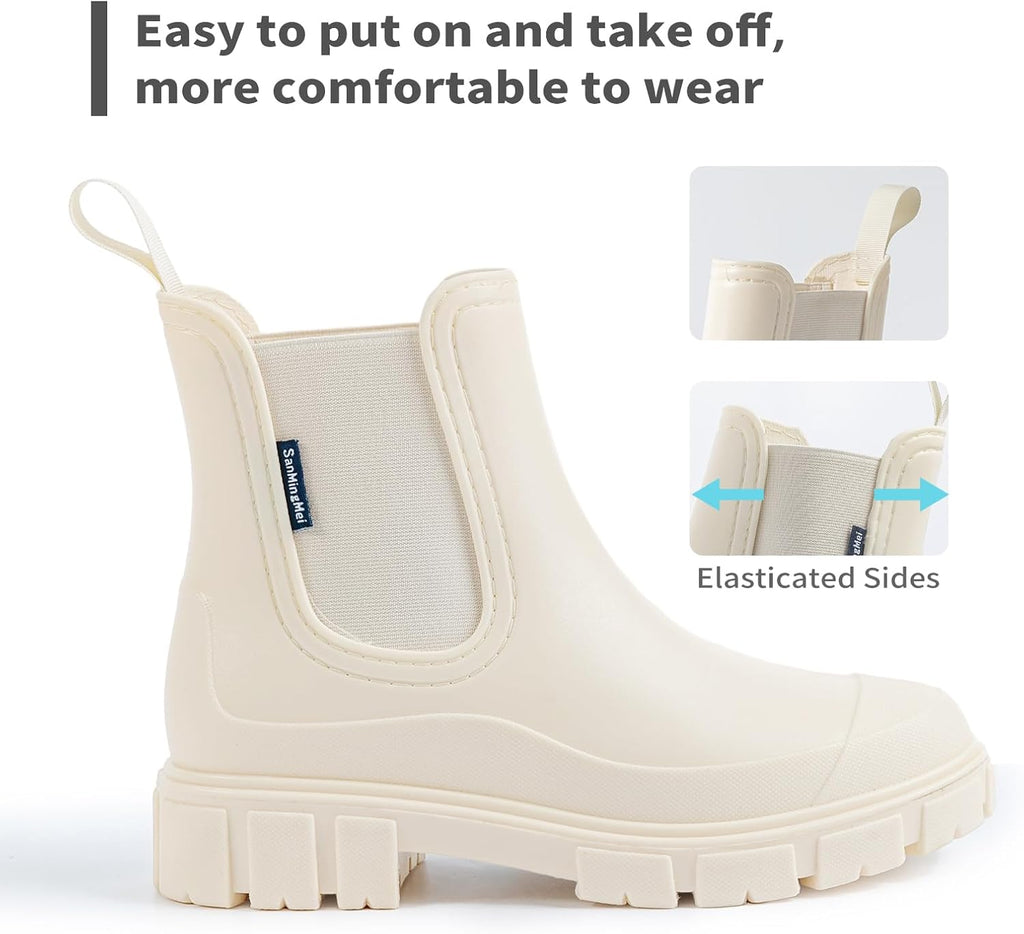 DRECAGE Wellies Boots Women Waterproof Short Chelsea Fashion Ladies Comfortable Rain Boots Outdoors Garden Walking