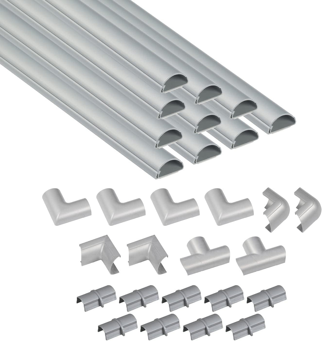 D-Line 30x15mm Cable Trunking 4m Multipack, Half Round Profile, Self-Adhesive Wire Cover, Paintable Cable Management - 10x 30mm (W) x 15mm (H) x 40cm Lengths and Accessories - Aluminium-Effect