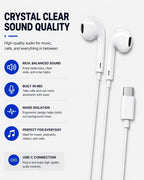 USB-C Wired Earphones with Microphone, In-Ear USB C Headphones, Stereo Earbuds with Mic, Wired Earphones for Samsung Galaxy, iPhone 15 Series, Google Pixel, iPad & USB-C Devices (1 Pack)