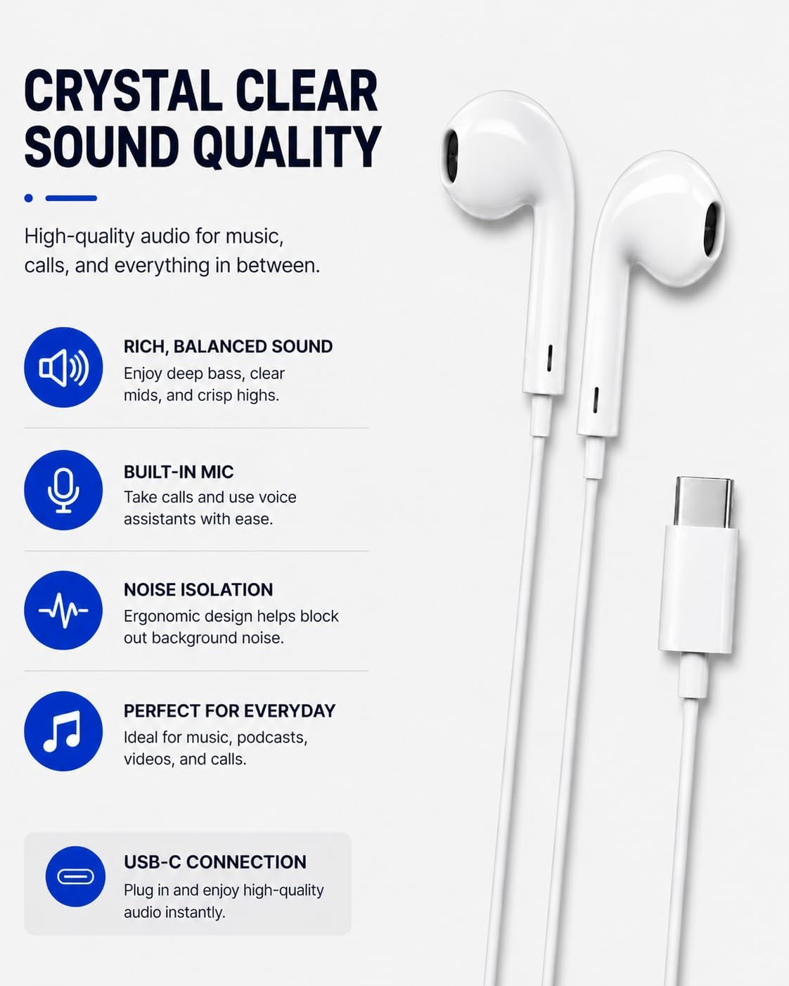 USB-C Wired Earphones with Microphone, In-Ear USB C Headphones, Stereo Earbuds with Mic, Wired Earphones for Samsung Galaxy, iPhone 15 Series, Google Pixel, iPad & USB-C Devices (1 Pack)