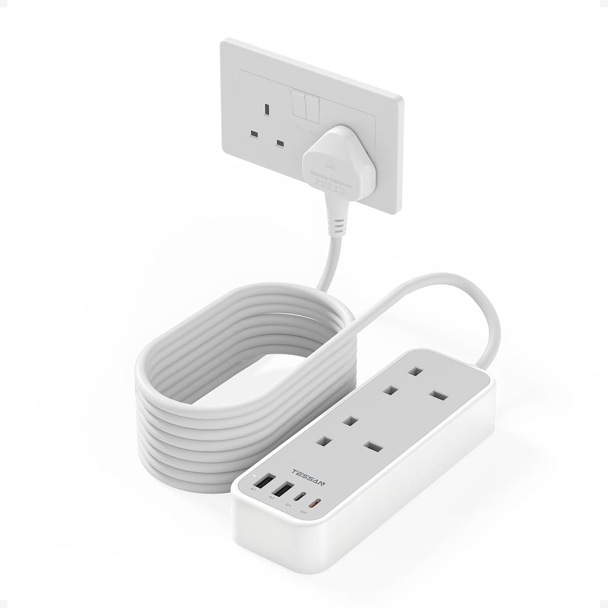 TESSAN 10M Long Extension Lead with PD 20W USB C Charger (4 USB Slots)