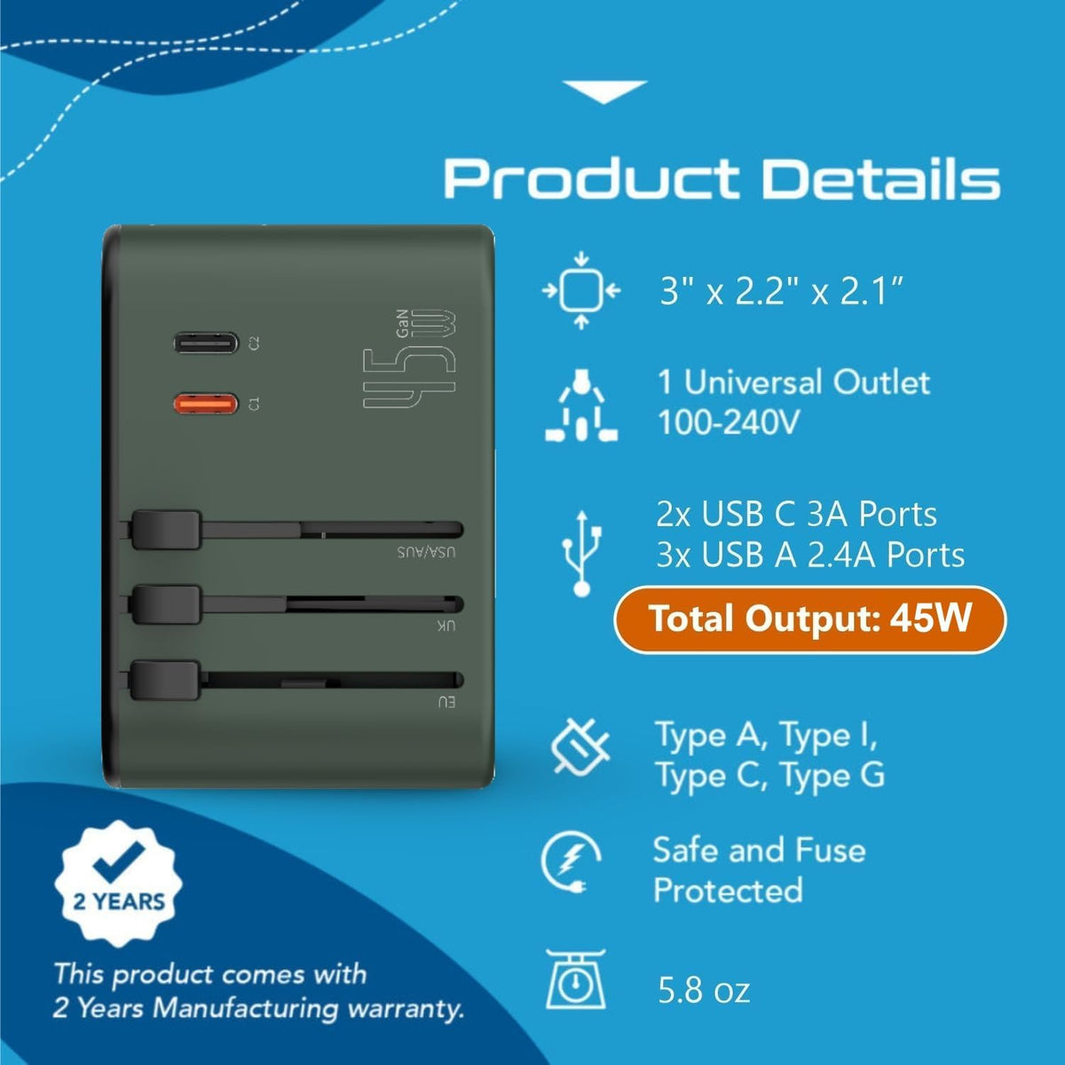 Ceptics 45W Universal Travel Adapter w/ 3 USB-A, 2 USB-C & Universal Input