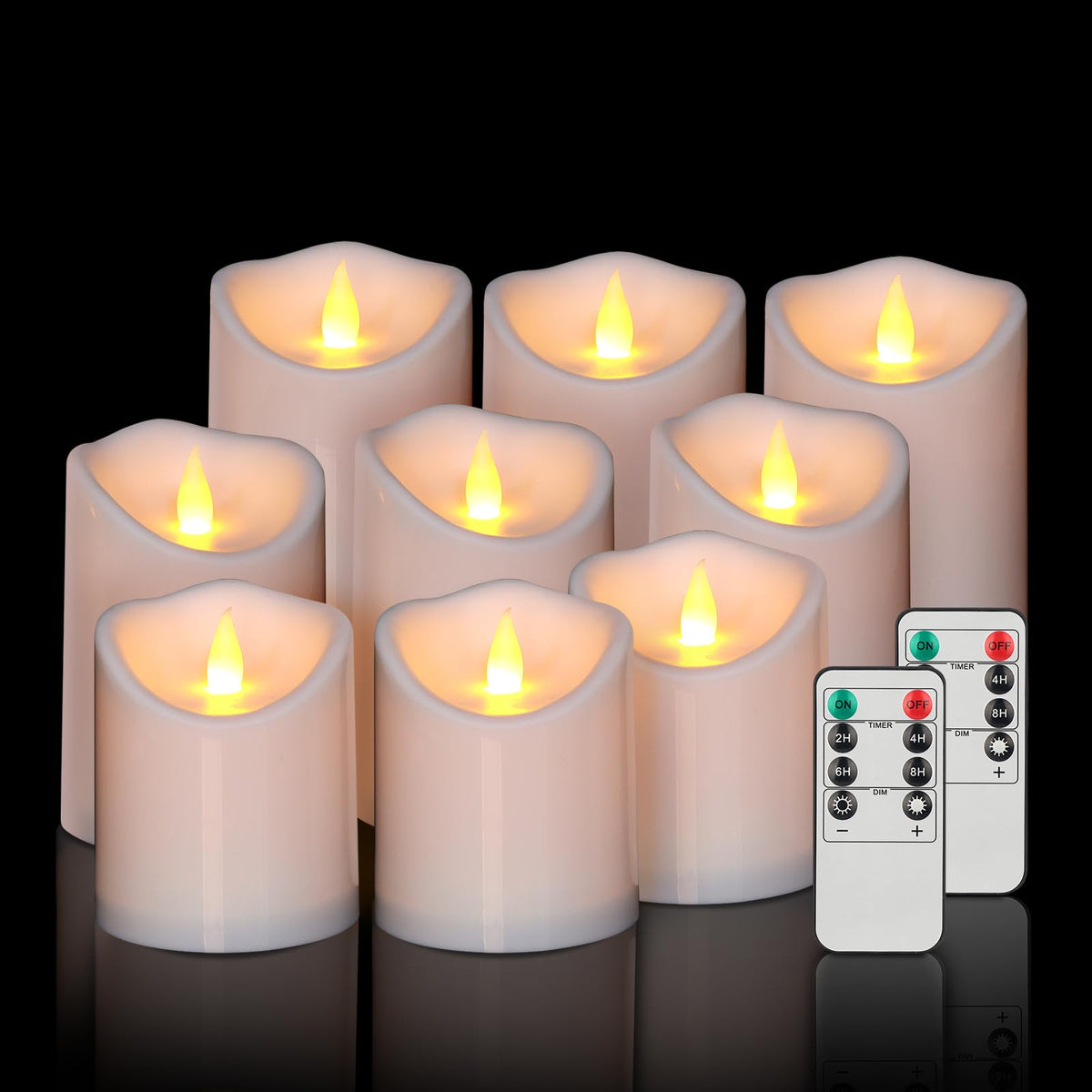 Outdoor Flameless Candles, Patented 3D Dual-LED, Set of 2 Slanted Plastic Pillars with Remote, Waterproof Non-Melting Battery Operated Decor for Bathroom Bedroom Gift, Black (D3 x H6)