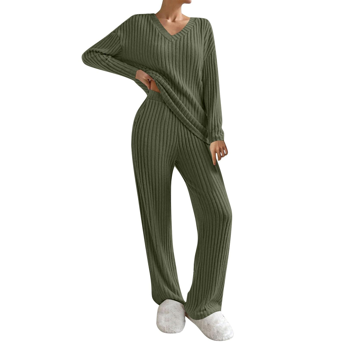 Lounge Wear Sets For Women Uk, Womens Pyjamas Set Long, Ladies Ribbed Loungewear Knit Outfits Womens Tracksuits 2 Piece Set V Neck Casual Casual Homewear