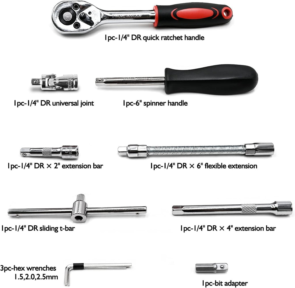 Egofine 46 Pieces 1/4 inch Drive Socket Ratchet Wrench Set, with Bit Socket Set Metric and Extension Bar for Auto Repairing and Household, with Storage Case