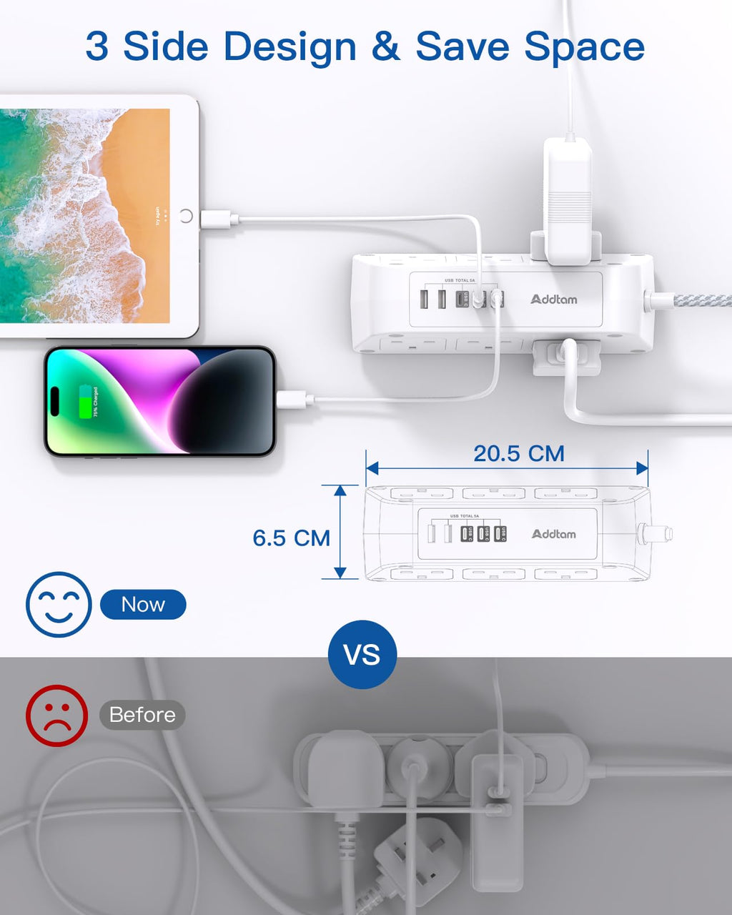 Extension Lead with USB Slots, 6 Way Outlets 5 USB (5A, 3 USB- C Port),1.6M