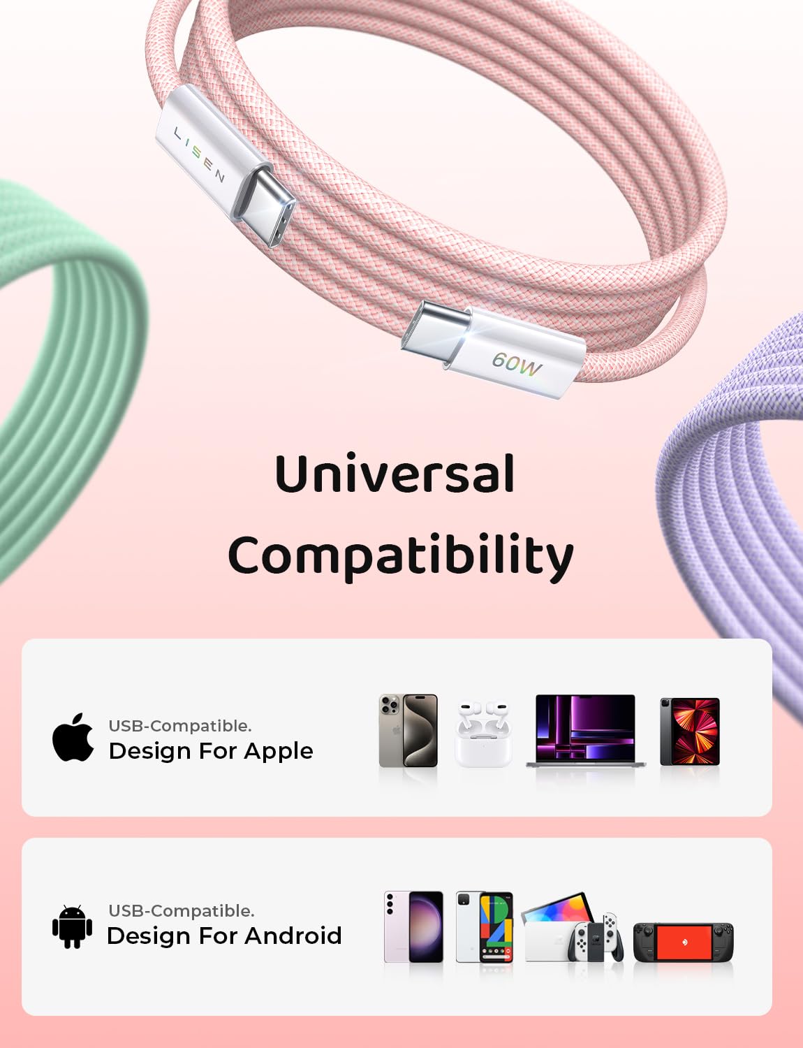 LISEN USB C to USB C Cable Charger 60W 4-Pack [0.5/1/2/2M] USBC to USBC