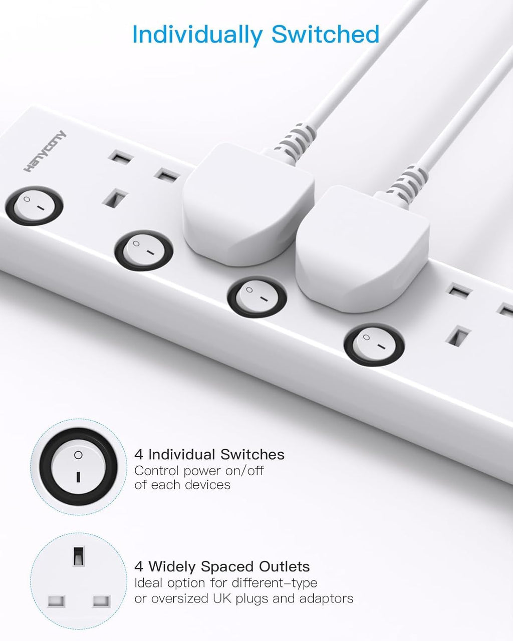 Black Extension Lead with 4 USB Slots(2 USB C), 4 Way Plug Extension Socket
