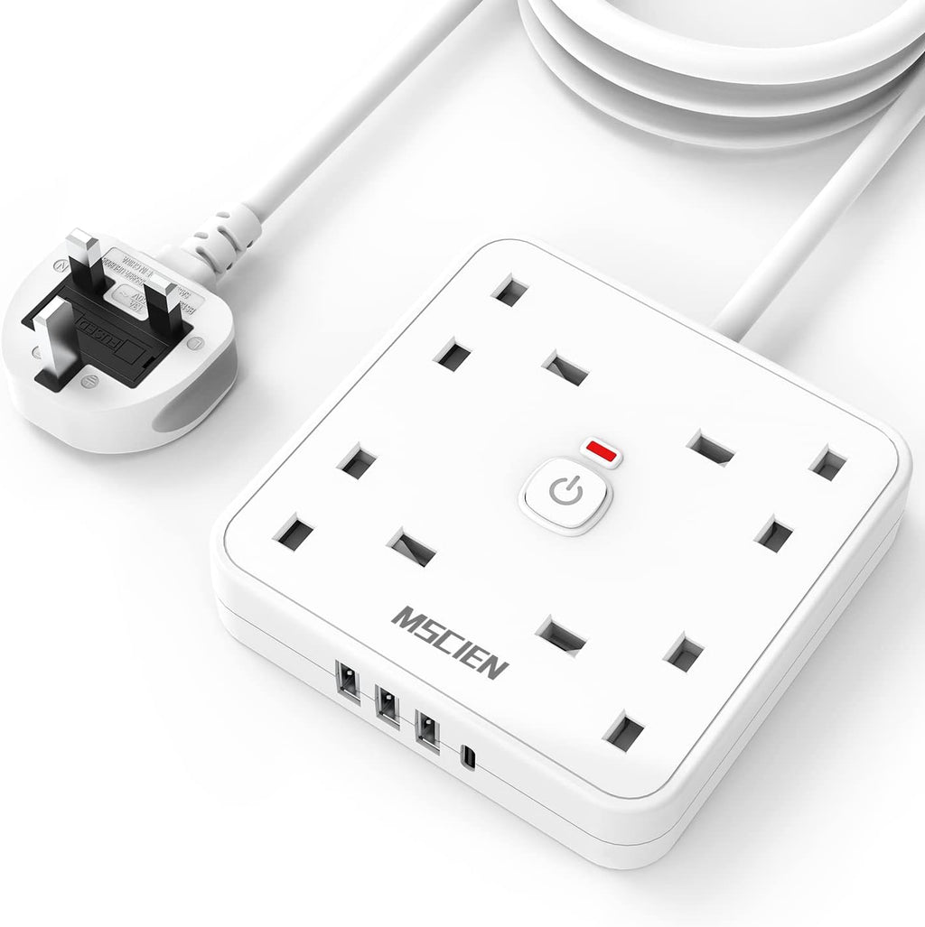 3M 4 Way Extension Lead with 4 USB Slots (1 USB-C + 3 USB-A), Mscien White Wall-Mounted Extension Socket with Switch and LED Indicator for Living Room, Bedroom, Kitchen, Office