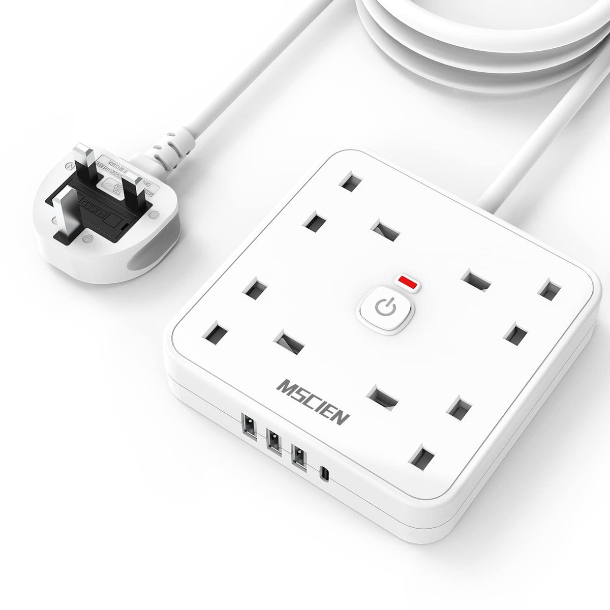 3M 4 Way Extension Lead with 4 USB Slots (1 USB-C + 3 USB-A), Mscien White Wall-Mounted Extension Socket with Switch and LED Indicator for Living Room, Bedroom, Kitchen, Office
