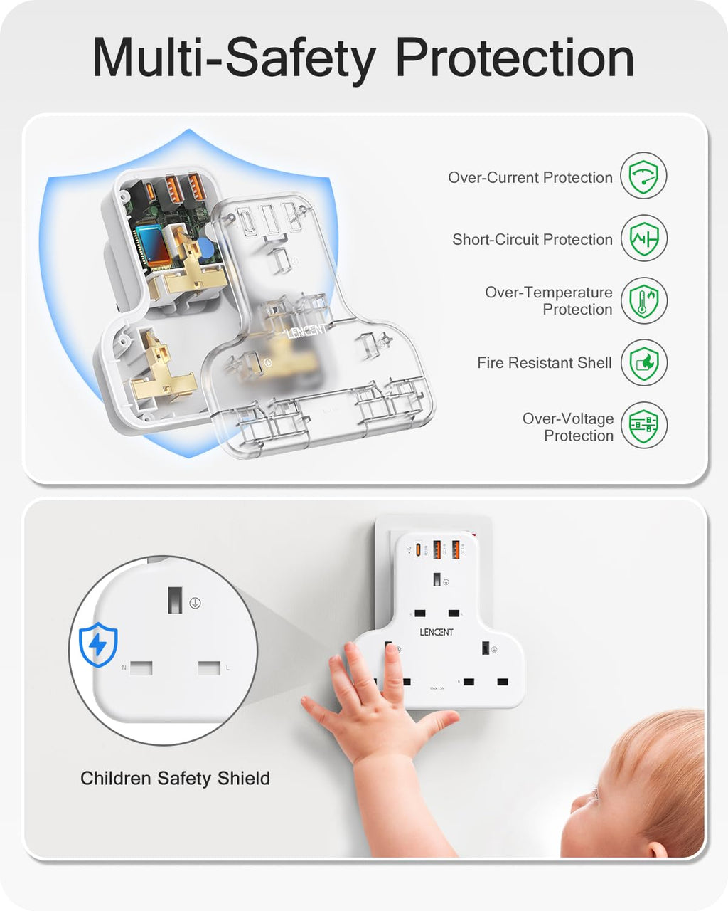 LENCENT Plug Extension Socket, 3 Way Multi Plug Socket with 3 USB Ports