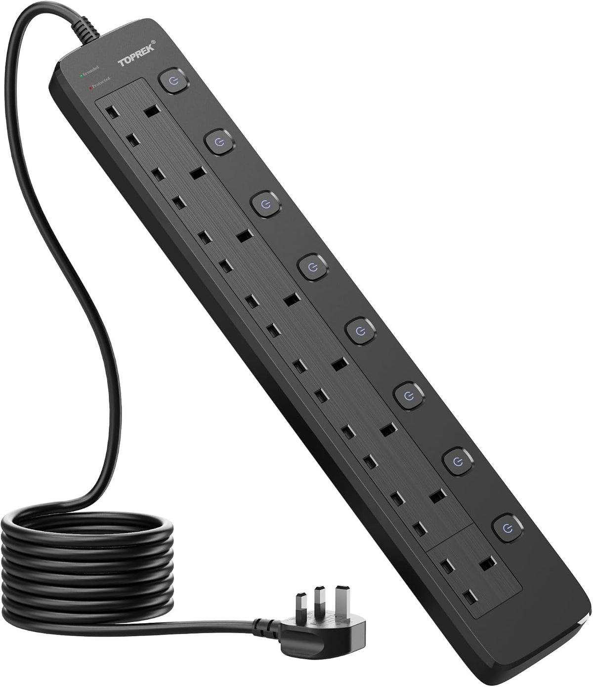 TOPREK 8 Way Extension Lead with Individual Switches, 2M Heavy Duty Socket