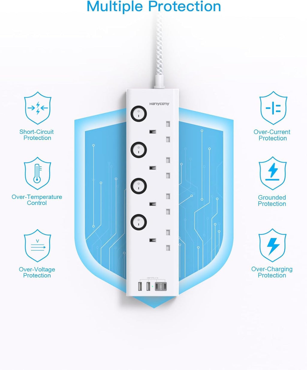 Extension Lead with USB Slots(2 USB C), 4 Way Plug Extension Socket, 1.8M