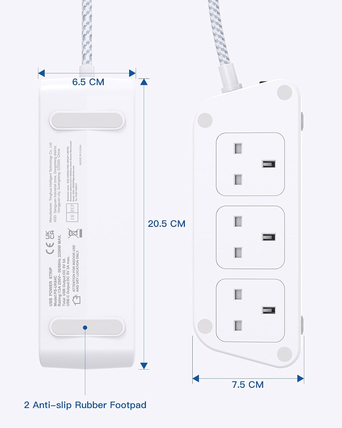 Extension Lead with USB Slots, 6 Way Outlets 5 USB (5A, 3 USB- C Port),1.6M