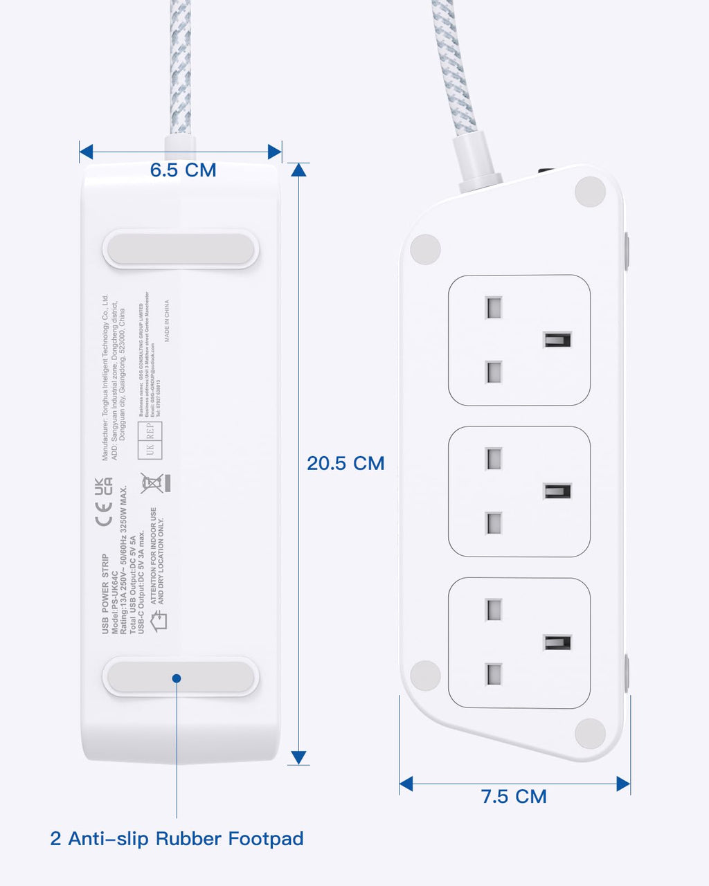 Extension Lead with USB Slots, 6 Way Outlets 5 USB (5A, 3 USB- C Port),1.6M
