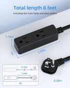 Flat Plug Extension Cord with 3 Outlets - 1Ft Low Profile Indoor 3 Prong Grounded Power Strip for Home Office & Travel - 16 AWG 13A/1625W, Black