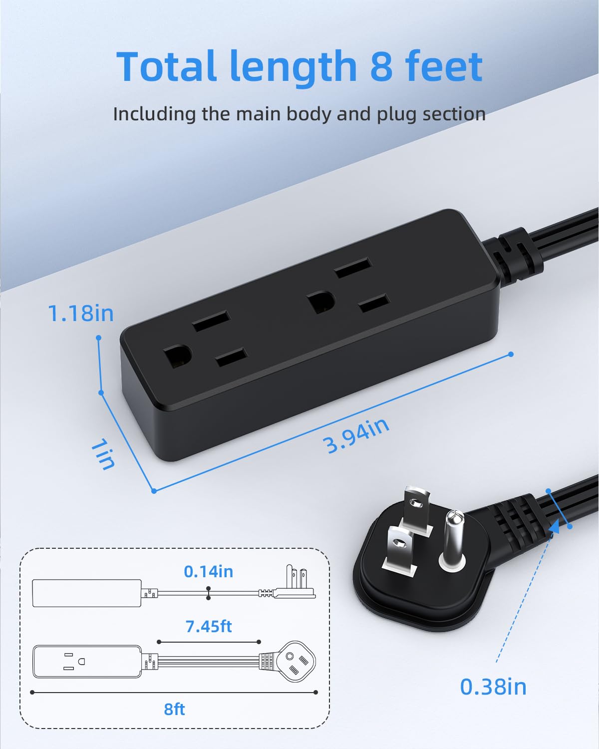 Flat Plug Extension Cord with 3 Outlets - 1Ft Low Profile Indoor 3 Prong Grounded Power Strip for Home Office & Travel - 16 AWG 13A/1625W, Black