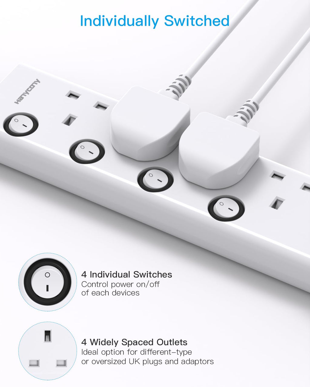 Black Extension Lead with 4 USB Slots(2 USB C), 4 Way Plug Extension Socket