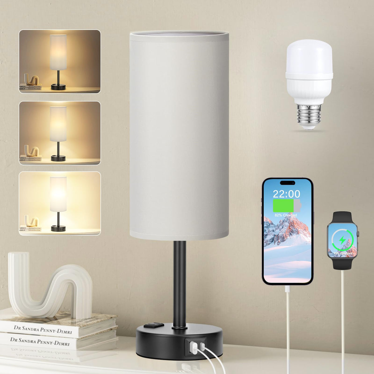 Fenmzee Bedside Table Lamp Set of 2 - Dimmable Touch, USB A+C, AC Outlet