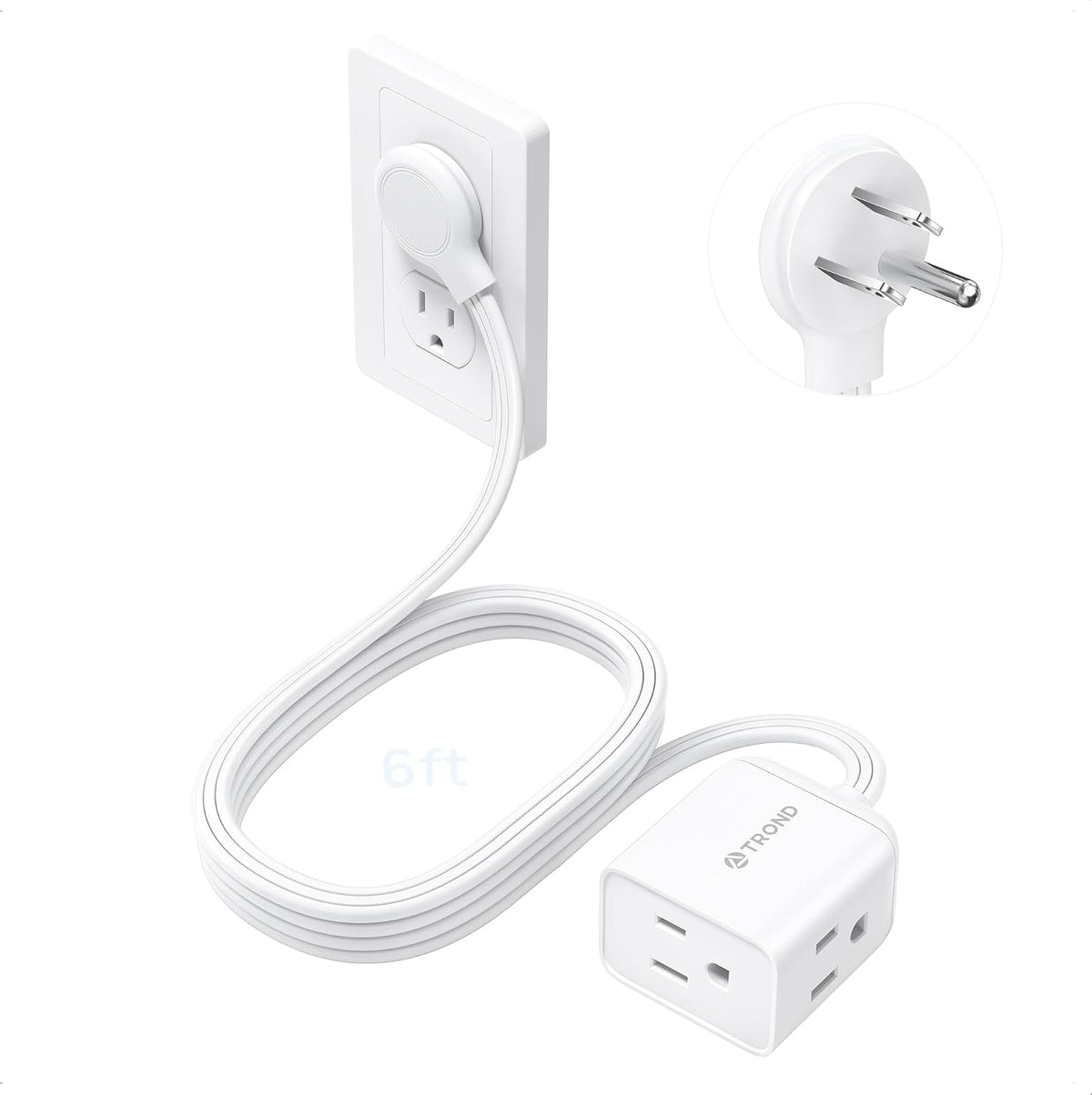 TROND Rightward Flat Plug Extension Cord 6ft for Small Tight Spaces, White