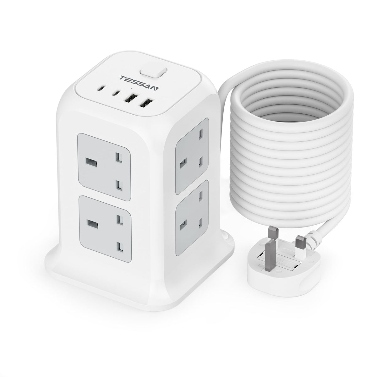 TESSAN 8 Way Tower Extension Lead 2M with 4 USB Slots (2 USB C)