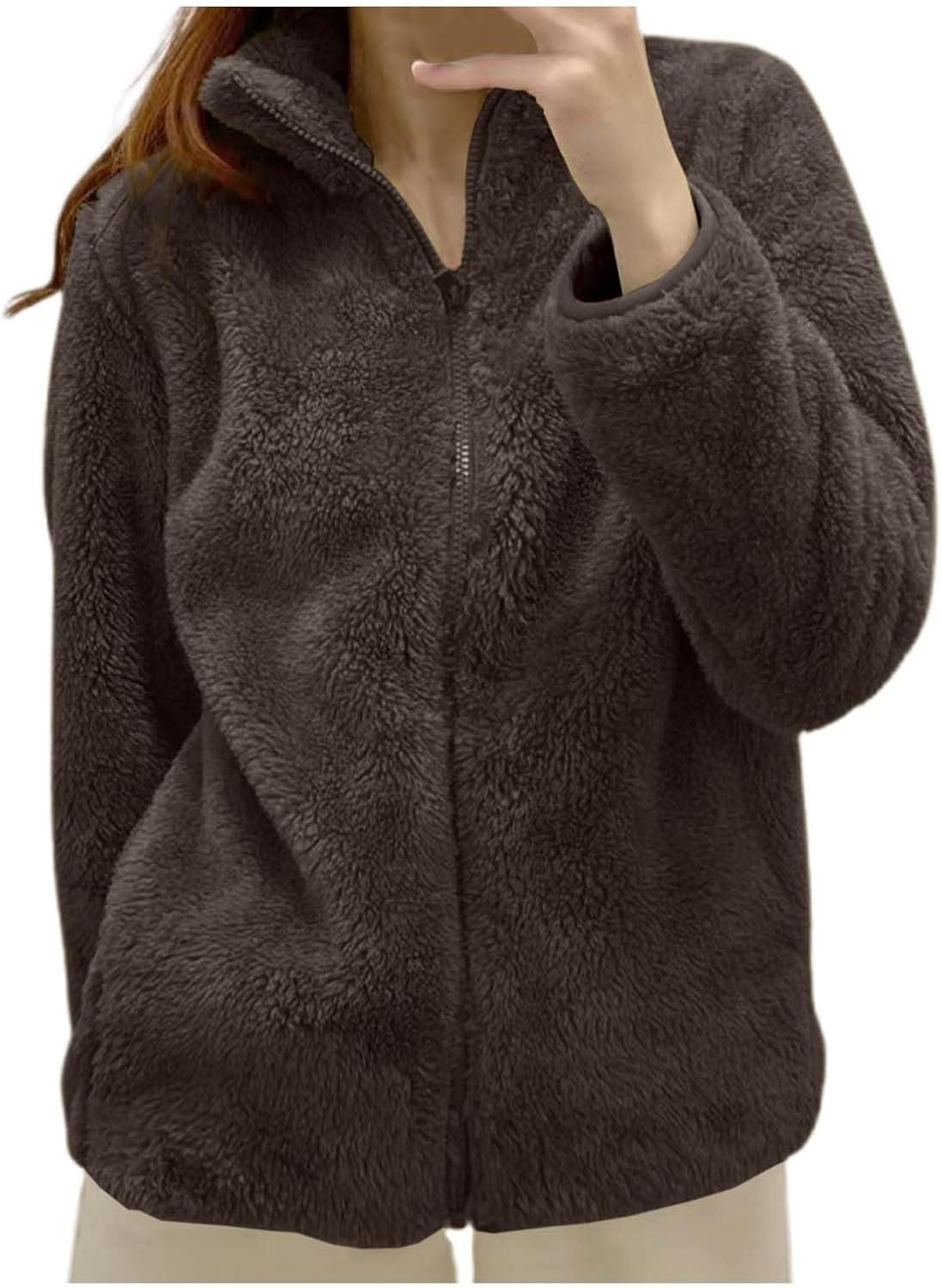 Fleece Winter Jackets for Women UK Fashion Warm Soft Fluffy Coats Causal Solid Color Long Sleeve Full Zip Jacket Elegant Callor Lapel Cardigans Ladies Teddy Fleece Outwear Gifts for Daily Holiday