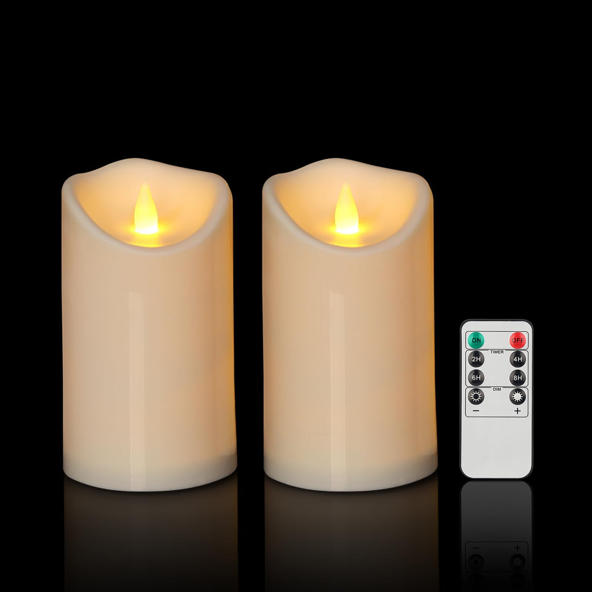 Outdoor Flameless Candles, Patented 3D Dual-LED, Set of 2 Slanted Plastic Pillars with Remote, Waterproof Non-Melting Battery Operated Decor for Bathroom Bedroom Gift, Black (D3 x H6)