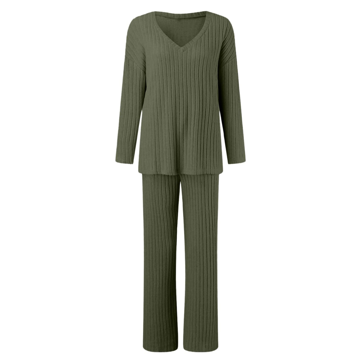 Lounge Wear Sets For Women Uk, Womens Pyjamas Set Long, Ladies Ribbed Loungewear Knit Outfits Womens Tracksuits 2 Piece Set V Neck Casual Casual Homewear