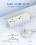 Flat Plug Extension Cord with 3 Outlets - 1Ft Low Profile Indoor 3 Prong Grounded Power Strip for Home Office & Travel - 16 AWG 13A/1625W, Black