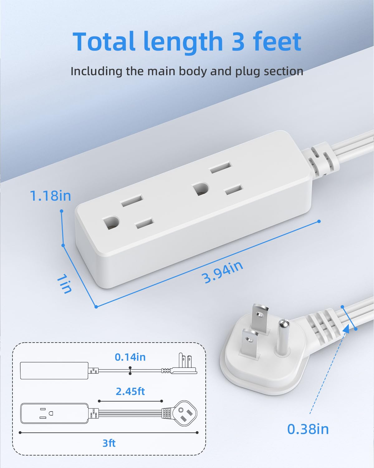Flat Plug Extension Cord with 3 Outlets - 1Ft Low Profile Indoor 3 Prong Grounded Power Strip for Home Office & Travel - 16 AWG 13A/1625W, Black