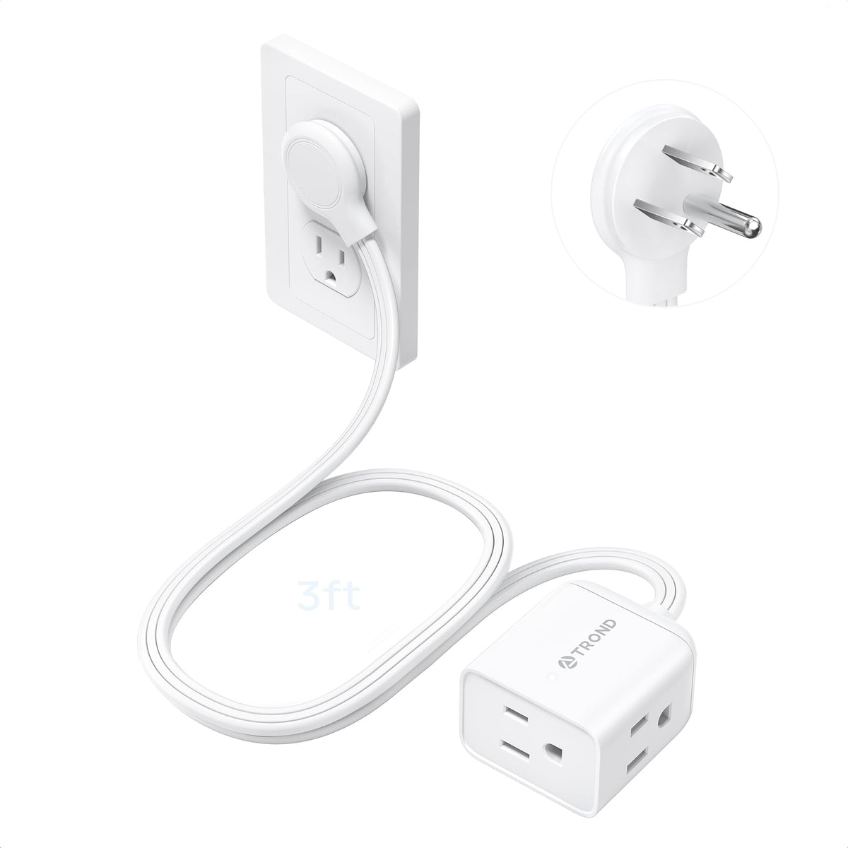 TROND Rightward Flat Plug Extension Cord 6ft for Small Tight Spaces, White