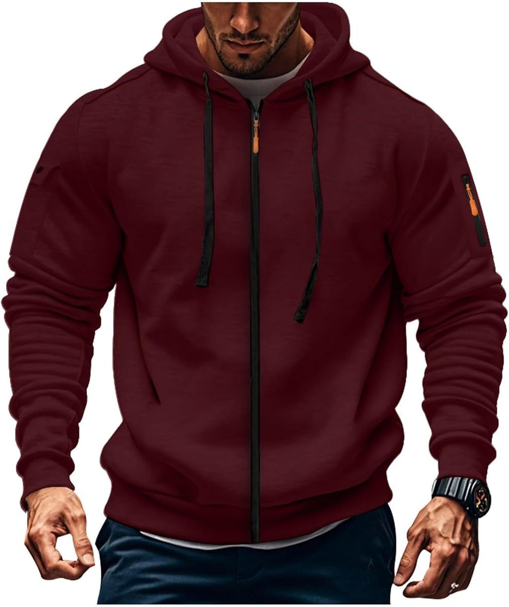 Mens Hoodie Long Sleeve Pullover Zipped with Drawstring Hood and Pocket Cuffed Shirts Hoody Fleece Slim Fit Casual Winter Oversized Hooded Sweatshirts Jacket Streetwear
