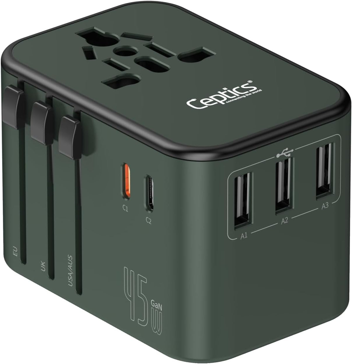 Ceptics 45W Universal Travel Adapter w/ 3 USB-A, 2 USB-C & Universal Input