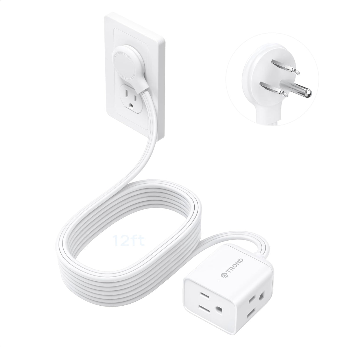 TROND Rightward Flat Plug Extension Cord 6ft for Small Tight Spaces, White