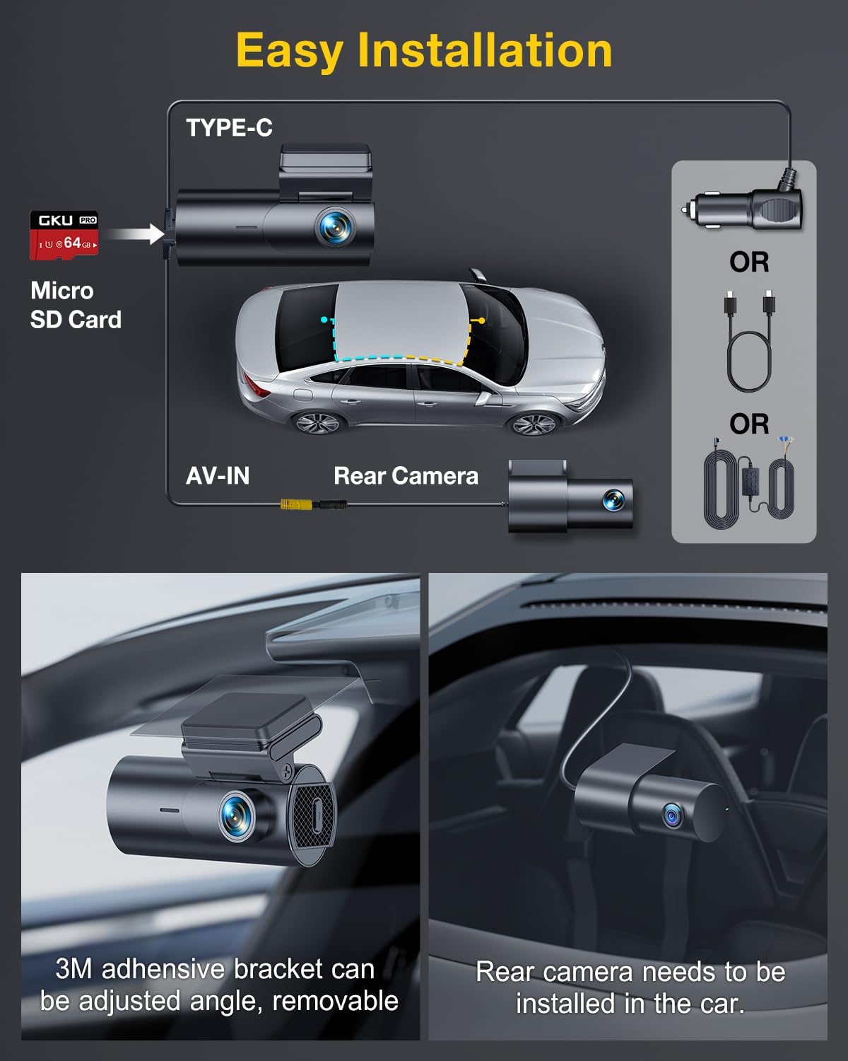 GKU 4K Dash Cam Front and Rear, 5GHz WiFi GPS, 64GB SD Card Included