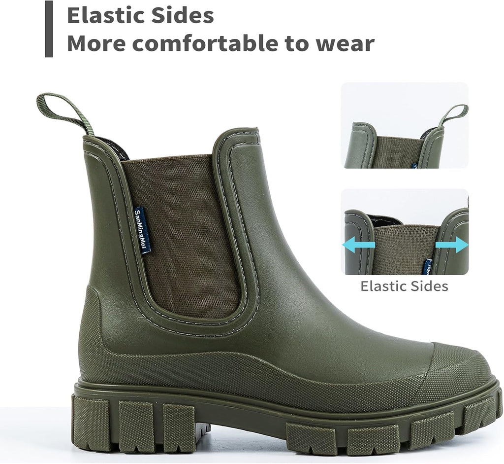 DRECAGE Wellies Boots Women Waterproof Short Chelsea Fashion Ladies Comfortable Rain Boots Outdoors Garden Walking