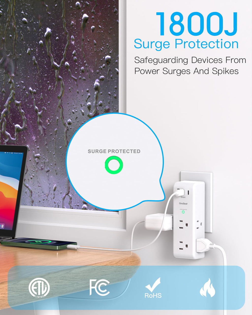 Surge Protector Outlet Extender with Rotating Plug, Multi Plug Wall Outlet