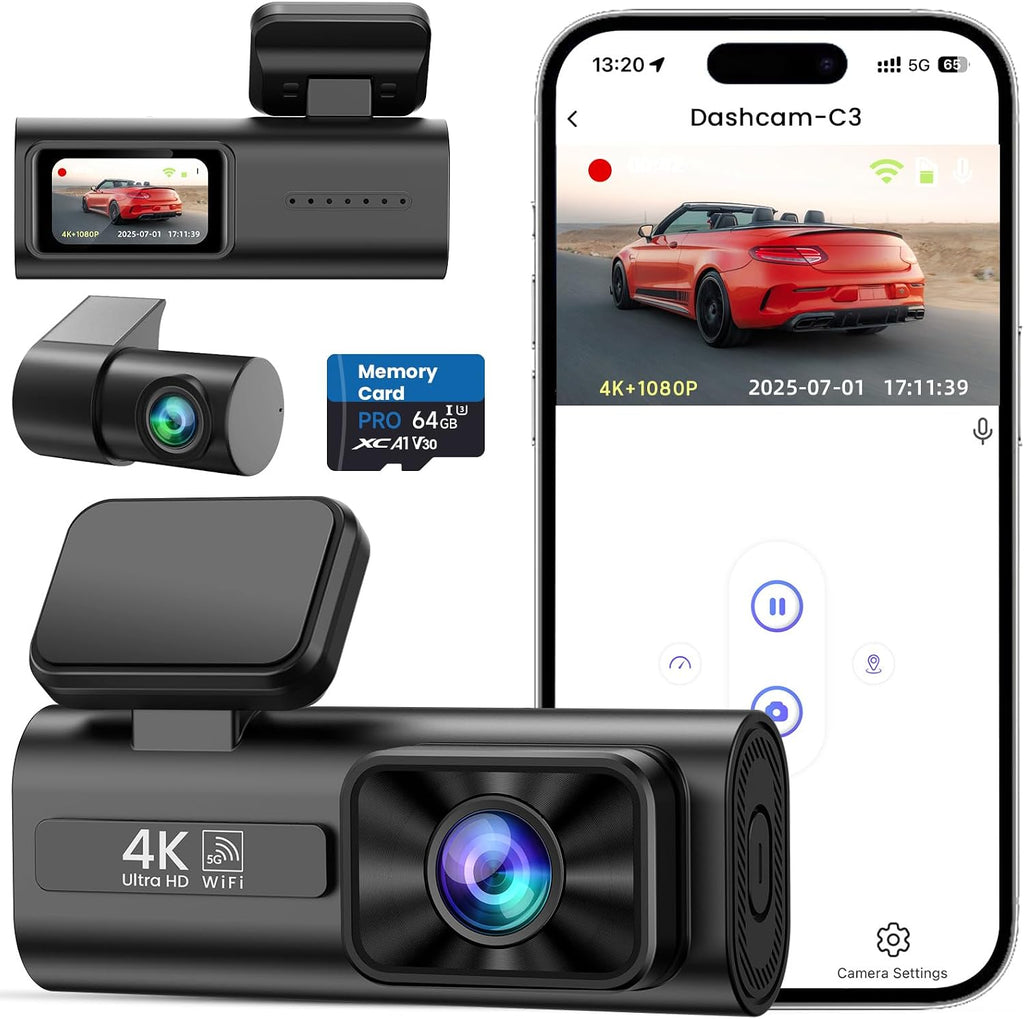 Dash Cam Front and Rear 4K+1080P, 64GB Card, Night Vision, WDR