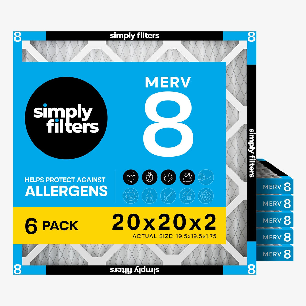Simply 20x20x1 Air Filter, Merv 8, MPR 600, 6 Pack, Furnace Air Filter for HVAC (Actual Size: 19.75"x19.75"x0.75") DUST, Pet, & Allergy Control