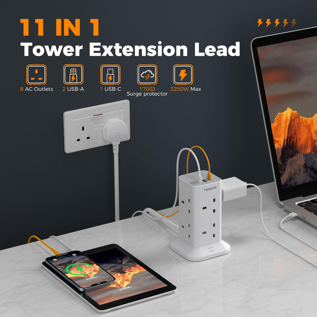 TESSAN Tower Extension Lead 5M with USB C Slots