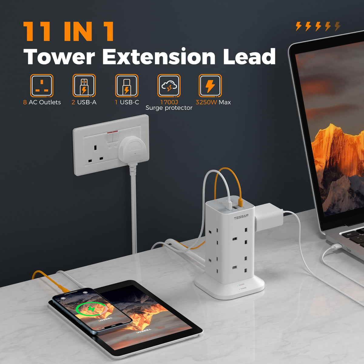 TESSAN Tower Extension Lead 5M with USB C Slots