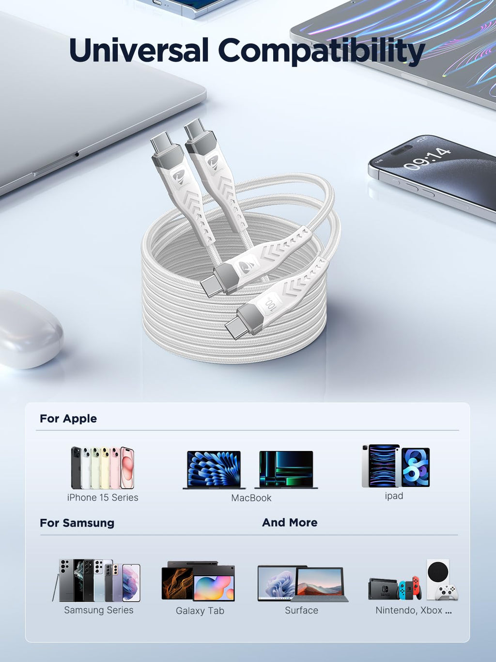 USB C to USB C, 100W 5A Fast Charging Cable [2Pack/2M] USB Type C Charger Fast Charge Lead Usbc to Usbc Cable for iPhone 15 16 17 Pro Max Plus iPad Pro MacBook Samsung Galaxy S23 S22 S24 S25 Ultra etc
