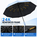 24K Strongest Windproof Travel Compact Umbrella Sturdy Frame Automatic Umbrella for Women & Men