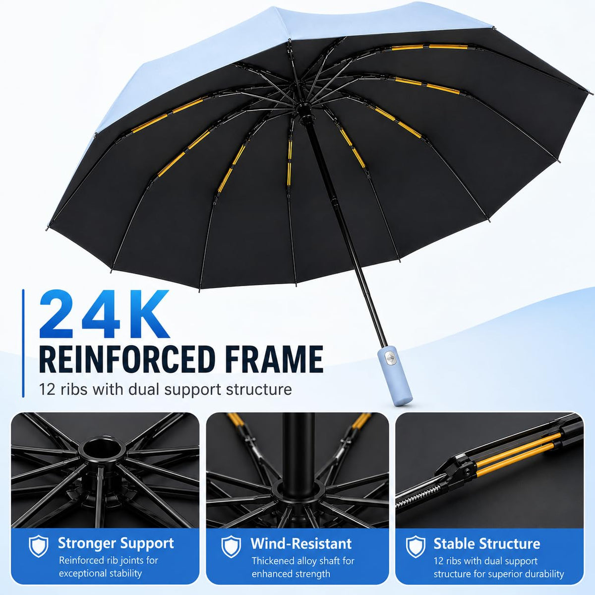24K Strongest Windproof Travel Compact Umbrella Sturdy Frame Automatic Umbrella for Women & Men