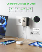 MOMAX Universal Travel Adapter 70W GaN, Travel Plug Adapter for UK/EU/AU/US